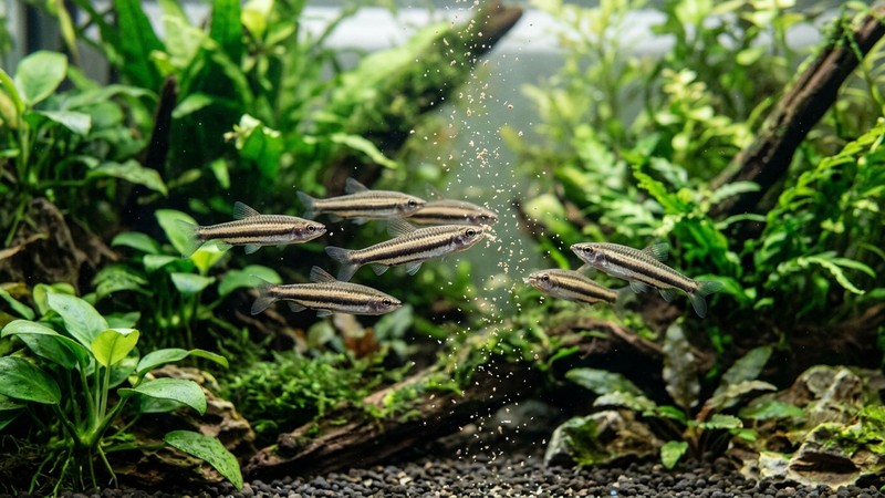peces lápiz de boca pequeña comiendo diminutas partículas finas de alimento que caen lentamente a media agua en un acuario plantado