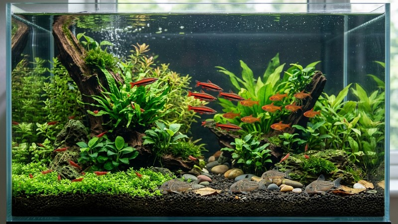 un acuario comunitario tranquilo con peces lápiz rojos, tetras pequeños, corydoras en el fondo y camarones entre plantas verdes