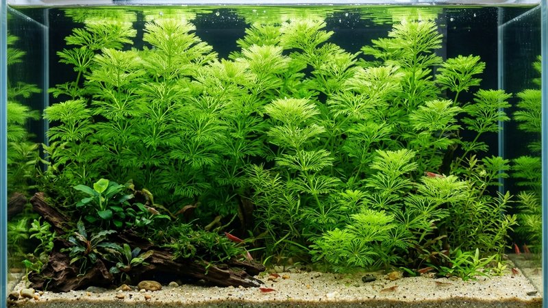 varios tallos de limnophila sessiliflora de un verde muy fresco y vivo creciendo tupidos en la zona trasera de una pecera limpia