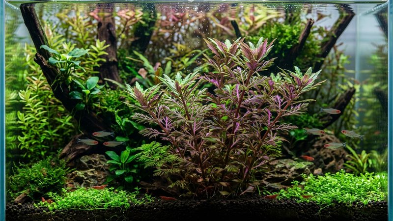 una limnophila hippuridoides con el envés de las hojas teñido de rosa violeta y tonos morados y rojizos bajo una luz intensa en un acuario plantado
