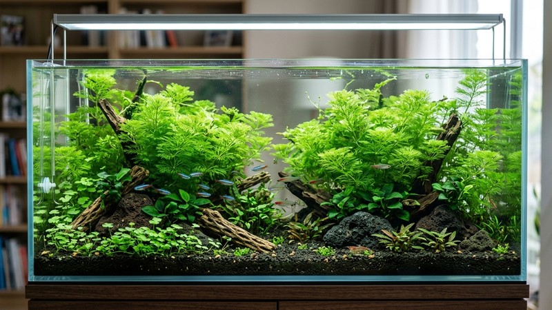 un acuario recién montado densamente plantado con matas de ambulia verde absorbiendo nutrientes, agua perfectamente clara