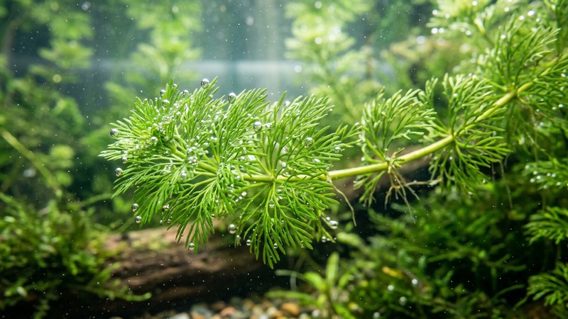 un primer plano de hojas plumosas de limnophila con pequeñas burbujas de oxígeno pegadas a la superficie de las hojas dentro del agua