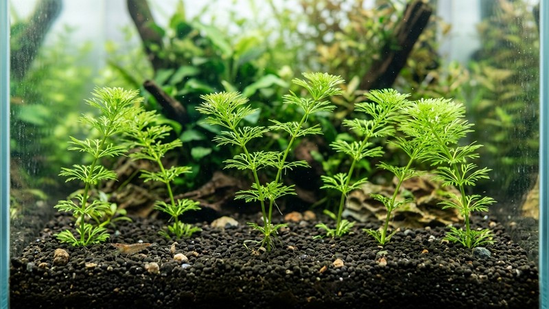 varios tallos verdes de ambulia recién plantados y separados entre sí clavados en el sustrato oscuro del fondo de un acuario