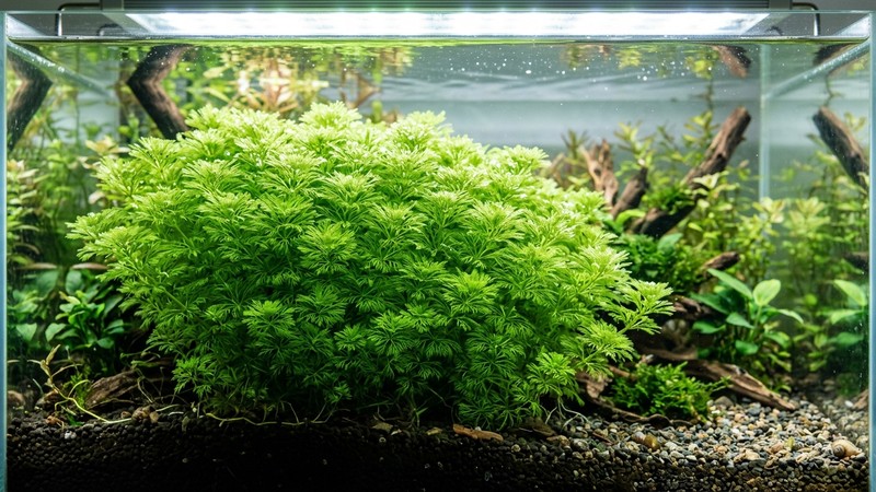 una mata de ambulia muy compacta y densa con coronas de hojas juntas creciendo bajo una luz potente en un acuario plantado