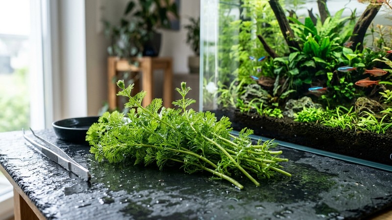 varios esquejes de puntas verdes de ambulia con hojas nuevas y sanas apoyados sobre una superficie húmeda junto a un acuario plantado