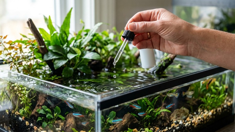 una mano dosificando unas gotas de acondicionador en un acuario