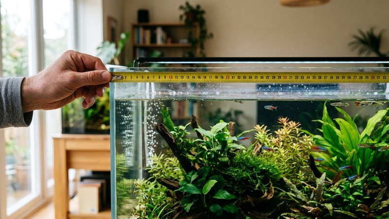 una mano midiendo con una cinta métrica el largo de un acuario