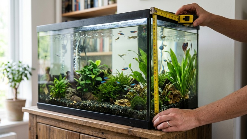 una cinta métrica midiendo la altura de un acuario de agua