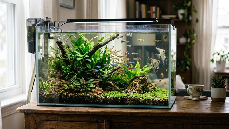 un acuario mediano lleno de agua sobre un mueble, vista lateral