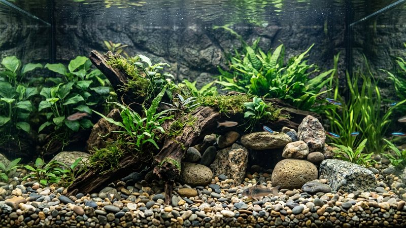 la grava, las rocas y la decoración en el fondo de un acuario