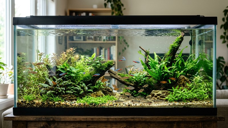 un acuario lleno de agua con un pequeño hueco hasta el borde superior