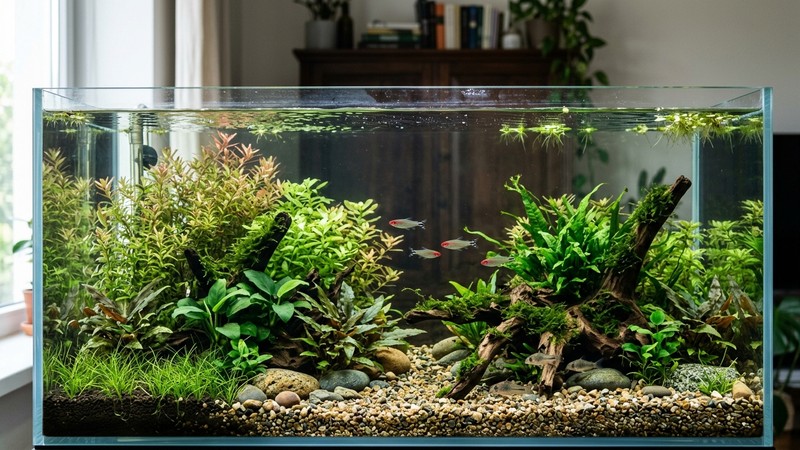 un acuario plantado con espacio de sobra y pocos peces nadando
