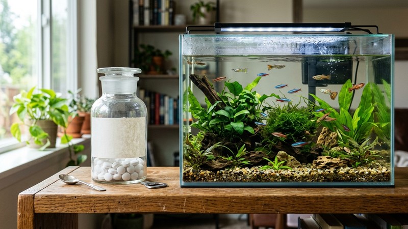 un tarro dosificador de medicamento junto a un acuario