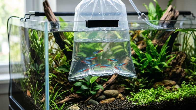 un pequeño grupo de peces siendo aclimatado en un acuario