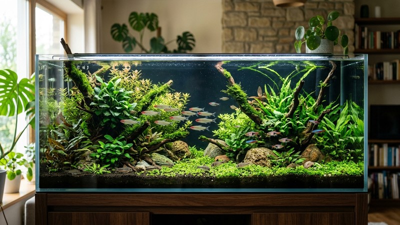 un acuario espacioso y equilibrado con peces tranquilos