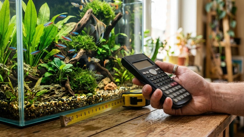 una mano con una calculadora y una cinta métrica junto a un acuario