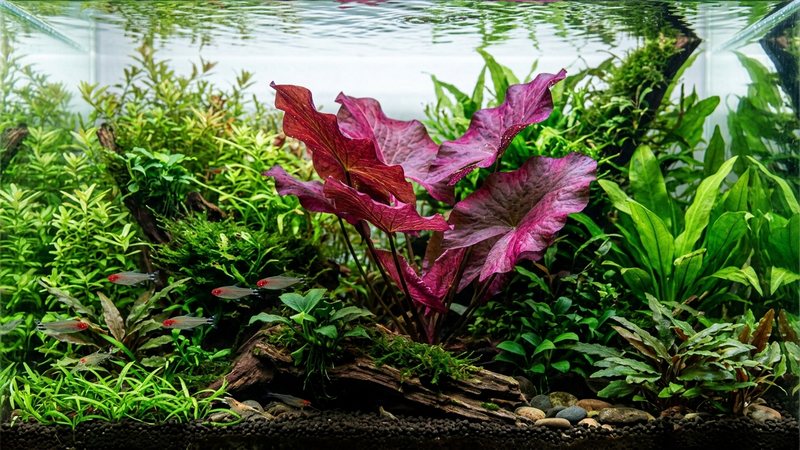 una mata de loto rojo con hojas de un intenso color rojo vino a púrpura destacando como punto focal contra el verde del resto de un acuario plantado