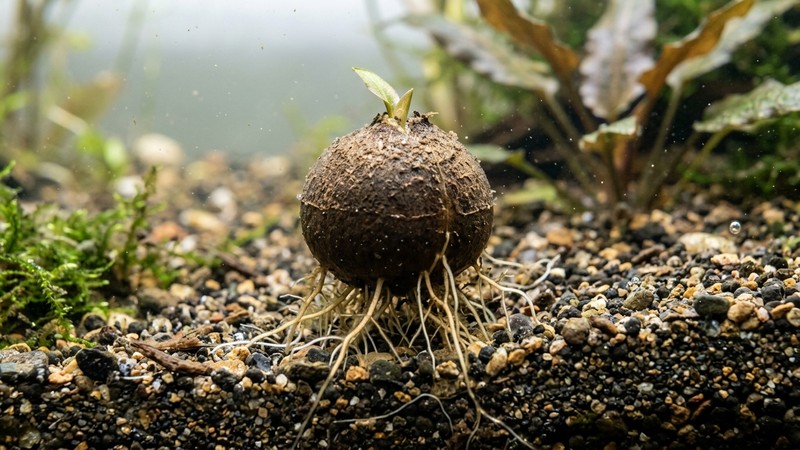 un bulbo redondo de planta acuática medio enterrado en el sustrato de un acuario, con la mitad superior asomando sobre la grava y finas raíces claras hacia abajo, detalle cercano del suelo