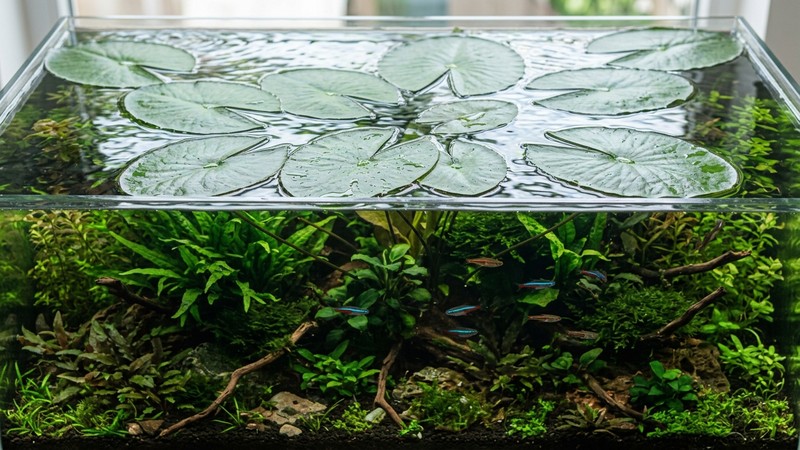 largas hojas flotantes de nenúfar reposando sobre la superficie del agua de un acuario, proyectando sombra sobre las plantas del fondo