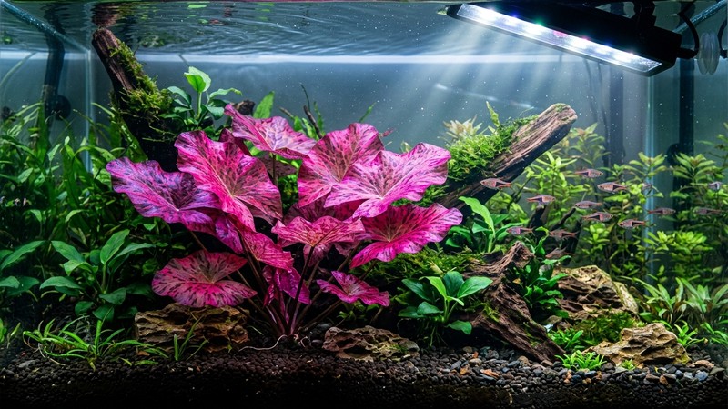 una mata de loto tigre rojo bien iluminada por una potente lámpara de acuario, con las hojas mostrando tonos rosados y púrpuras vivos e intensos bajo el agua cristalina