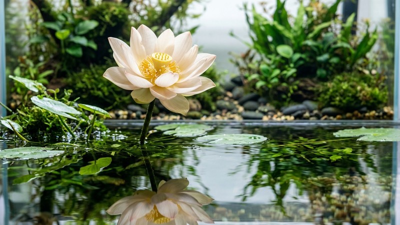 una flor clara de loto emergida por encima de la superficie del agua de un acuario, abierta al aire sobre el reflejo del agua tranquila