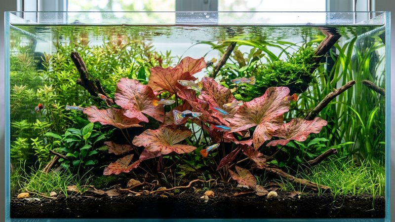 un acuario plantado y sano con pequeños guppys de colores nadando tranquilos entre las hojas anchas y rojizas de un loto tigre, agua cristalina y colores vivos