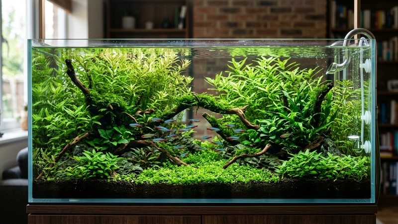 un acuario plantado de iluminación moderada con crecimiento verde y estable, plantas de hoja ancha y tallos suaves, agua limpia y transparente, aspecto natural y tranquilo