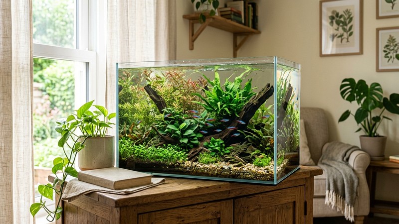un acuario plantado sereno tipo low tech sobre un mueble de madera en una sala luminosa, plantas verdes sanas y peces pequeños al fondo, agua cristalina, estética limpia y acogedora