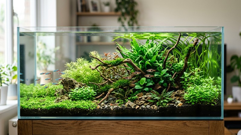 un acuario plantado bajo luz suave y difusa, plantas verdes bien distribuidas y hojas relajadas, agua nítida sin turbidez, sensación de equilibrio y calma