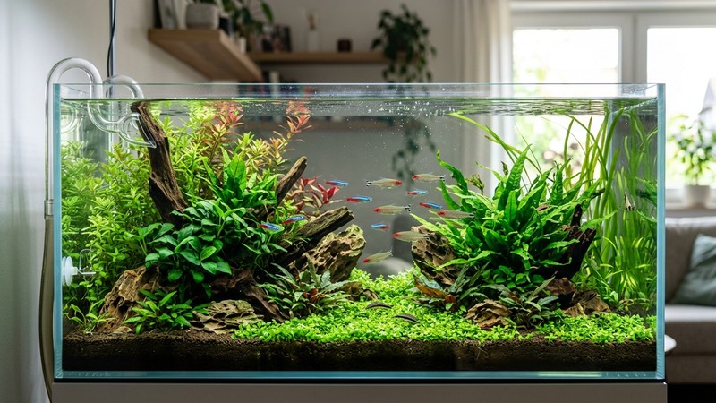 un acuario sano con cristales limpios y sin rastro de algas, plantas verdes vigorosas y agua perfectamente transparente, colores vivos y realistas, ejemplo de tanque bien equilibrado