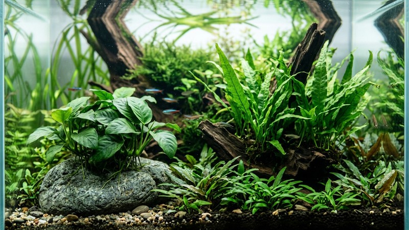 un conjunto de plantas acuáticas de bajo requerimiento en primer plano dentro del acuario: anubias sobre una roca, helecho de Java y cryptocoryne, hojas verdes sanas y frondosas, agua cristalina de fondo