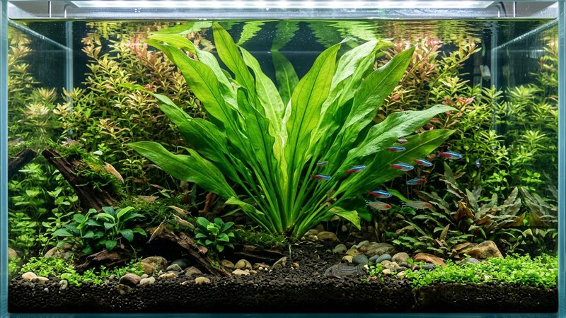 una espada amazónica grande y frondosa como planta central de un acuario plantado, hojas verdes alargadas y sanas, sustrato limpio, agua transparente, aspecto exuberante