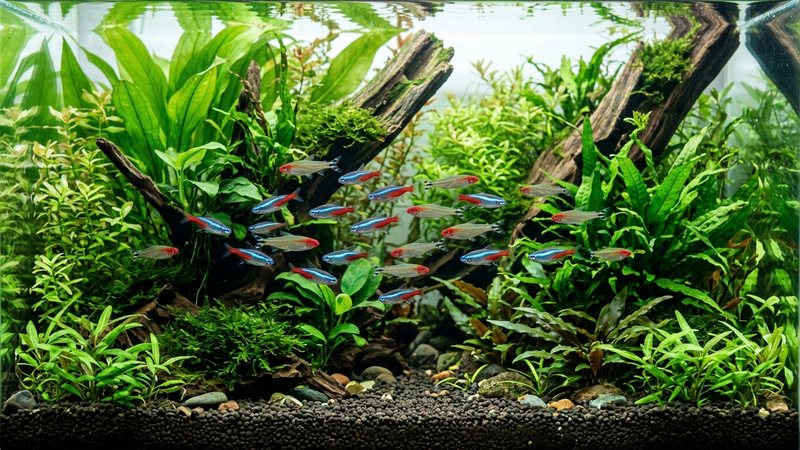un pequeño cardumen de peces pacíficos nadando entre plantas verdes de un acuario plantado, peces sanos y coloridos, agua cristalina, ambiente vivo y natural