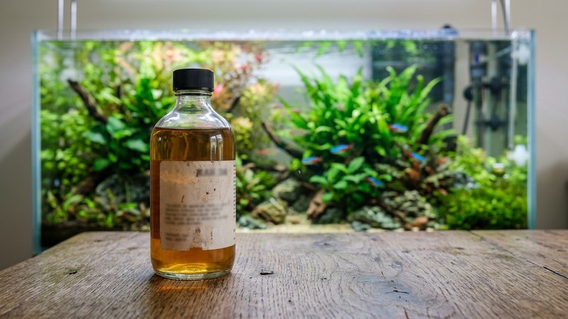 un frasco de abono líquido para acuario en reposo sobre una mesa de madera junto a la pecera plantada al fondo desenfocada, botella limpia sin etiquetas legibles, agua cristalina