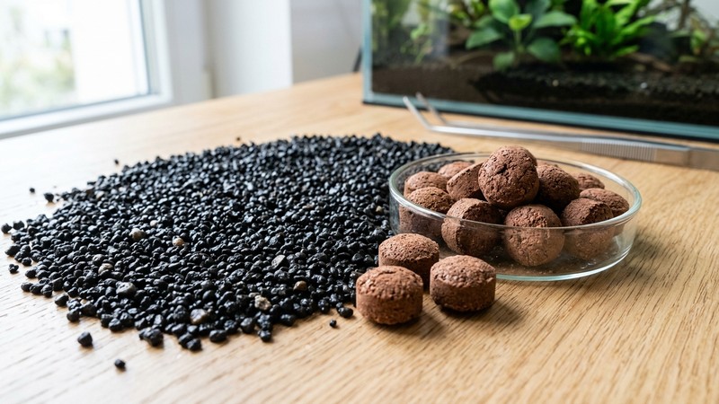 una capa de sustrato oscuro para acuario junto a unas pastillas de abono de raíz apoyadas sobre una mesa, materiales limpios y ordenados, detalle nítido de la grava fina
