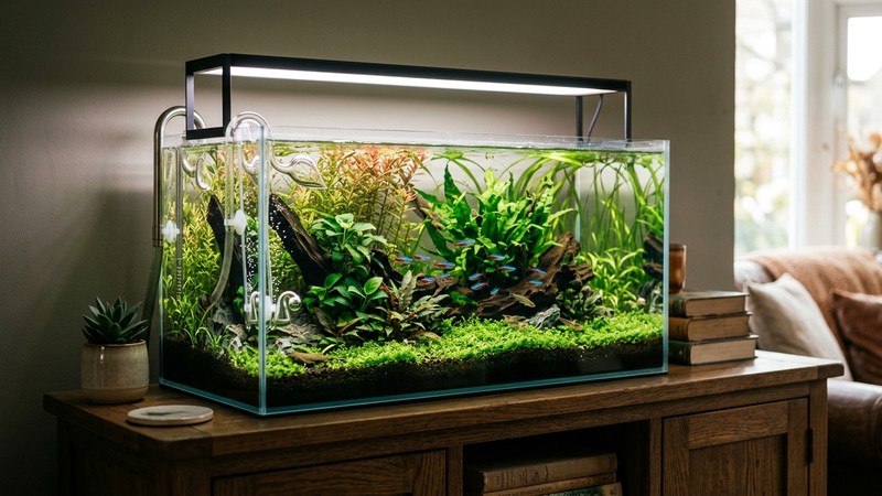 una pantalla LED de acuario encendida con luz suave sobre un acuario plantado verde, agua cristalina, montaje limpio y hogareño, sensación de iluminación moderada