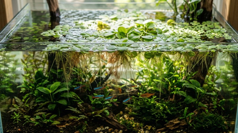 la superficie de un acuario cubierta parcialmente por plantas flotantes verdes con raíces colgando hacia el agua, luz filtrándose entre las hojas, aspecto natural y sereno, agua limpia debajo