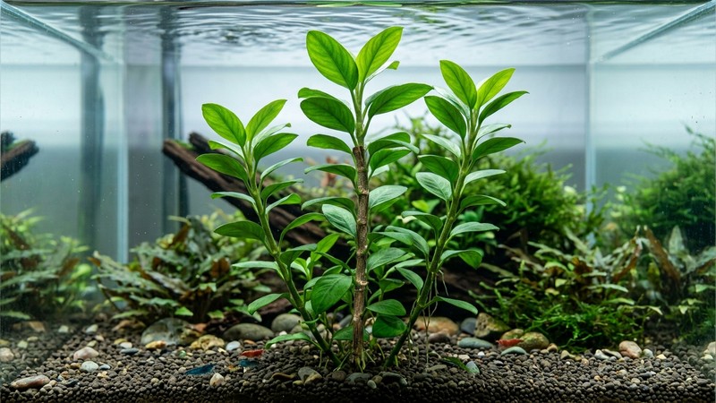 varios tallos de planta de acuario creciendo hacia arriba desde un tallo central, con hojas ovaladas saliendo de forma paralela a los lados, dentro de un acuario limpio de agua transparente