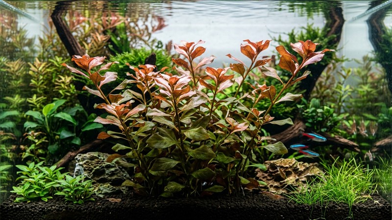 un grupo de Ludwigia repens con hojas de tono verde y reflejos rojizos y cobrizos, especialmente en los brotes nuevos, en un acuario plantado y sano con agua clara