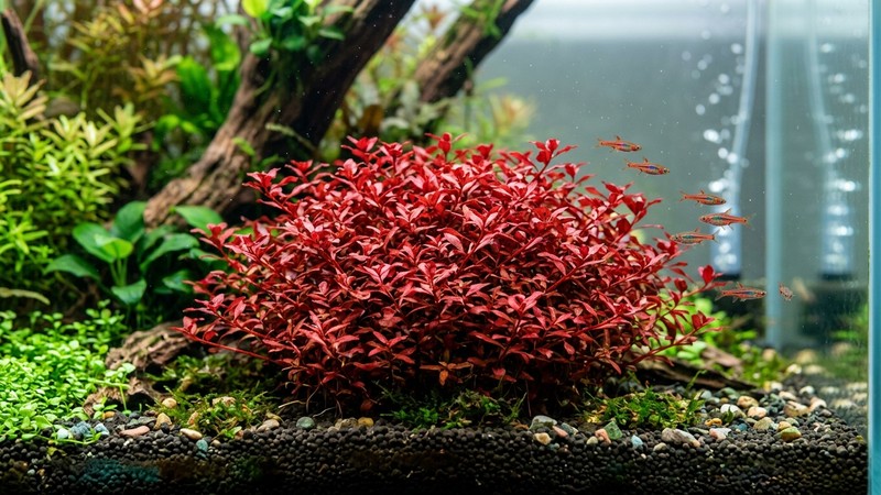 una mata densa y corta de Ludwigia palustris de color rojo muy intenso, con muchas hojas pequeñas y tallos finos muy juntos, en la zona media de un acuario limpio y cristalino