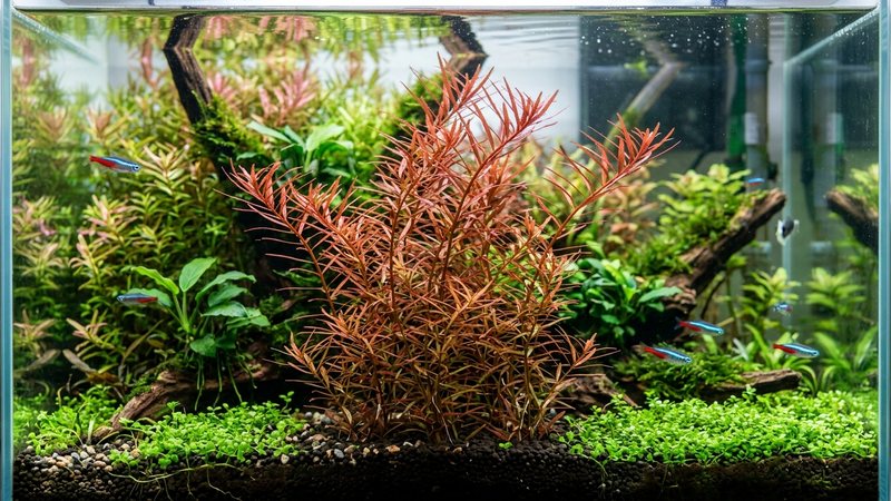 una planta de acuario roja de hojas muy finas y estrechas, de aspecto delicado, tipo Ludwigia arcuata, creciendo en un acuario plantado con agua transparente