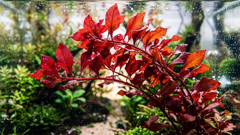 hojas de Ludwigia roja iluminadas a contraluz que brillan en tonos rojos y burdeos bajo la luz del acuario, con gotas y agua muy cristalina alrededor