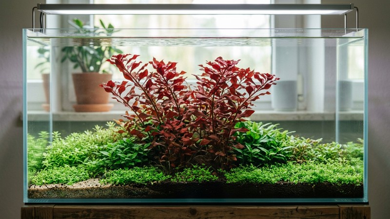 un acuario plantado sencillo con iluminación moderada donde crecen sanos varios tallos de Ludwigia roja, sin equipo complejo a la vista, agua limpia y transparente
