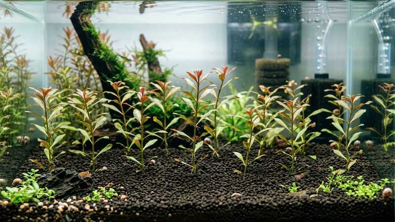 un grupo de tallos de Ludwigia recién plantados en la zona media y trasera de un acuario, sobre un sustrato oscuro y nutritivo, con separación entre tallos y agua cristalina