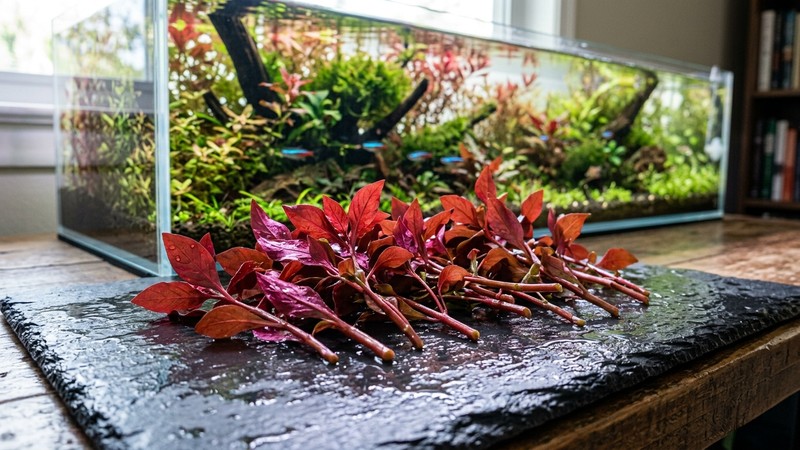 varias puntas cortadas de tallos de Ludwigia roja en reposo sobre una superficie húmeda junto a un acuario, sin manos ni tijeras, como esquejes listos para replantar