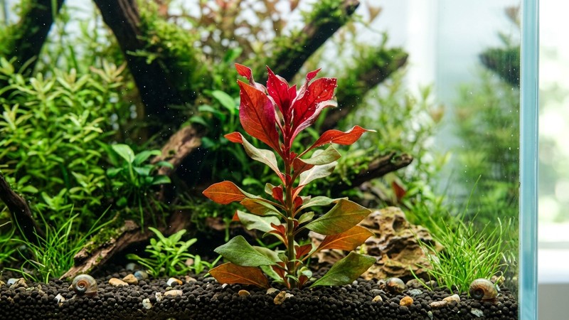 un tallo de Ludwigia sano con brotes nuevos de color rojo intenso en la punta, recuperando color, dentro de un acuario limpio de agua transparente