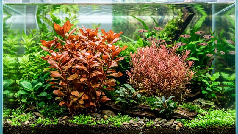 un acuario plantado donde conviven un grupo de Ludwigia roja de hoja ovalada junto a una mata de Rotala de hojas más finas, ambas con tonos rojizos, sobre fondo verde y agua cristalina