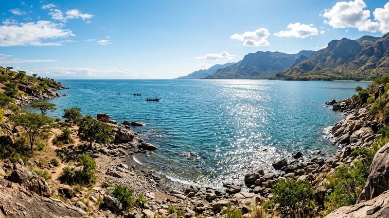 un gran lago africano de aguas transparentes y azuladas rodeado de orillas rocosas, con reflejos de luz brillante sobre la superficie del agua