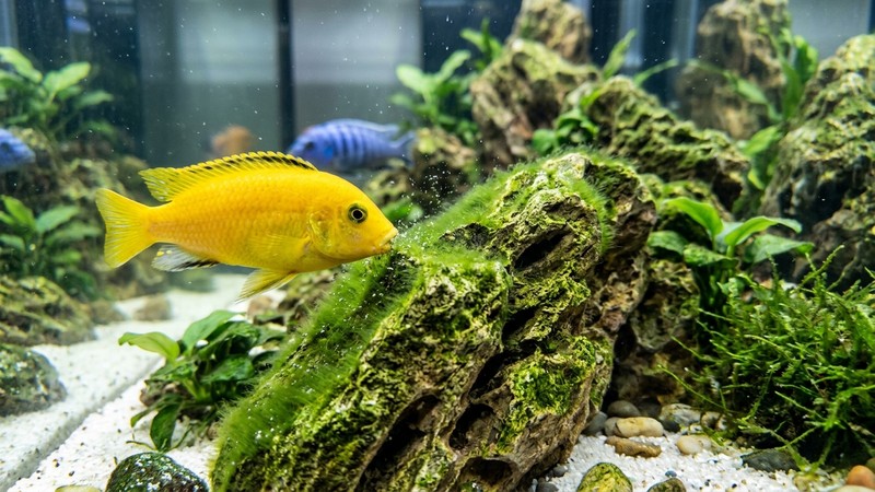 rocas cubiertas de una fina capa de algas verdes dentro de un acuario luminoso, con un cíclido amarillo mordisqueando la superficie de la piedra