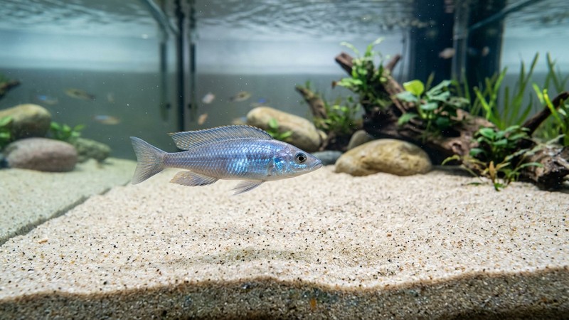 un cíclido hap alargado y plateado con reflejos azules nadando en una amplia zona abierta de arena fina y clara en un acuario grande